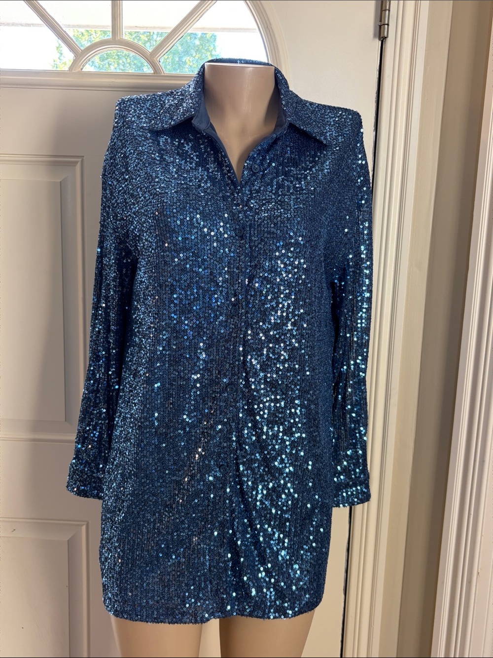 NWT Flat White Blue Sequin Collared Button Front Tunic Shirt Mini Dress XSP